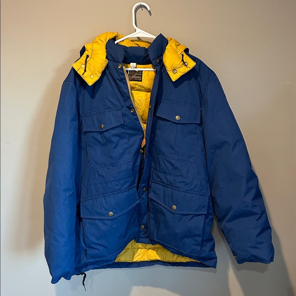 Vintage Eddie Bauer Jacket Mens L Blue Goose Down Parka Expedition Hooded 80s